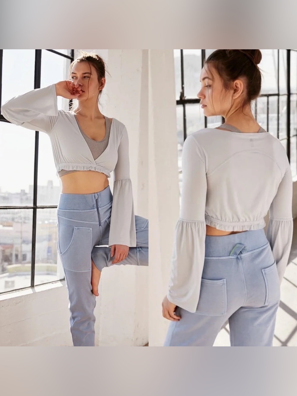 Free People Movin On Up bell sleeve crop top Large blue long sleeve v-neck boho